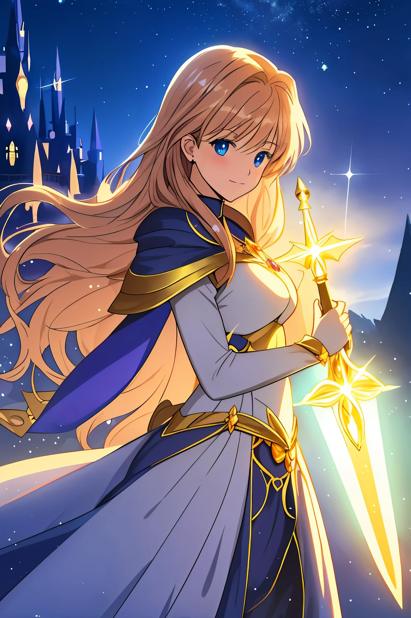 Fantastic starry sky,  Magical Girl waving a magic wand , Starry Castle , Mystery,  fairy tale, ( top quality, 8k,  high definition ,  high image quality,  Masterpiece),  Ultra Details, A magical night,  Dreamy Charm , Celestial Beauty ,  Wonder and Magic , Mysterious castle,  Fairy Tales in Reality ,  Radiant Elegance ,  Whimsical Charm ,  Magical Aura , Twinkling Stars, Guardian of the Light,  fantasy world, Night Wizard,  Fascinating Adventures ,  Legendary Tales ,  backgrounds, 