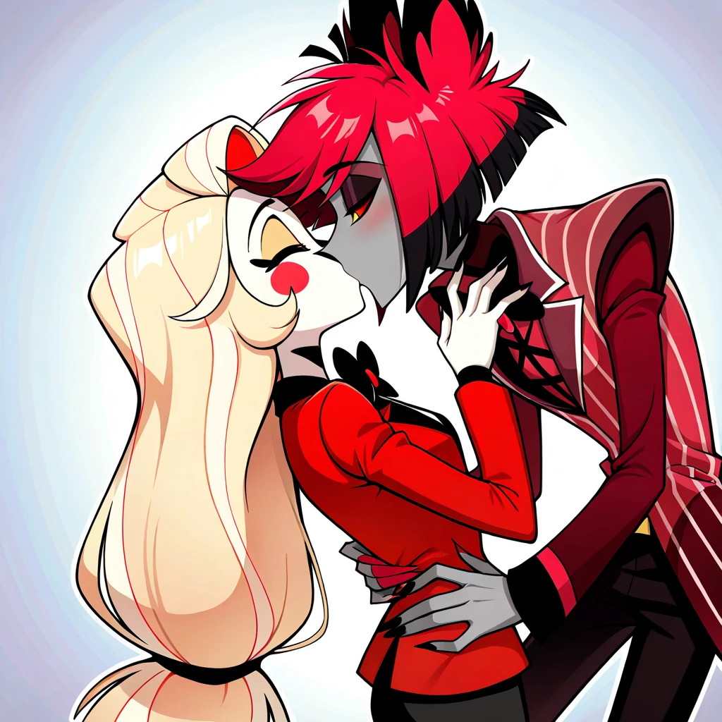 1boy, alastor, hazbin hotel, red suit, closed eyes,pale Brown skin,animal ears,red hair, short , multicolored hair, red claws couplekiss, 1girl Charlie morningstar, red tuxedo,blonde long hair, white skin,red pants, closed eyes, hazbin hotel style,Black nails