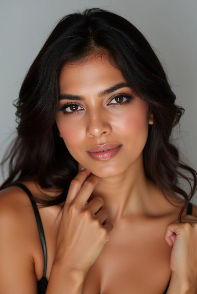 Realistic Studio portrait of a young woman, beautifully lit, masterpiece, A close-up shot of an attractive young woman, she poses seductively against a plain backdrop. Her gaze is framed by luscious eyelashes and a smile