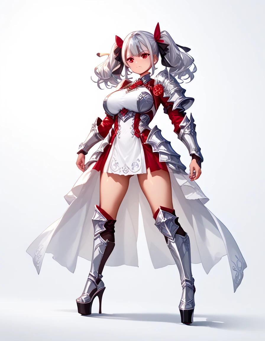  high image quality、  High Quality  、  petite girl with medium hair、  Silver Hair、  twin tails、 platform boots、Greaves、Stiletto heels、 princess your toddler、Mace、Sharp Eye、Crimson Eyes、Big Breasts、white bondage armor、