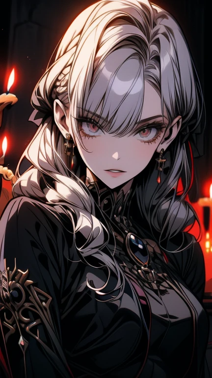  goth girl ,  spectacular ornate black dress,  White hair with bangs, Ojos rojos, pale skin, Naturaleza, (exceptional composition ), (Dark tones), skulls around, candles, penumbra. animated, best animated 4k konachan wallpaper, demon animated girl, gothic maiden animated girl, animated style 4k, 4k animated wallpaper, badass animated 8 k, 4k manga wallpapers , animated art wallpaper 8 k, animated art wallpaper 4k, animated art wallpaper 4k.