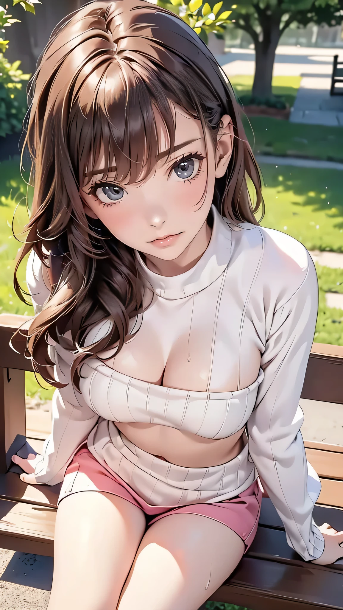 (3 girls), young faceอินโดนีเซีย, 12 years,smile, white skin, Round breast, blue eyes,((Wear a red off-the-shoulder sweater that shows off your cleavage...))Masterpiece, Highest quality, 8ก, beautiful girl, young face、 photography, Cute face, thigh,In the meadow, Embarrassing、รอยsmile、((((((อายุ 12 years))))))、small waist、 ((big breasts))