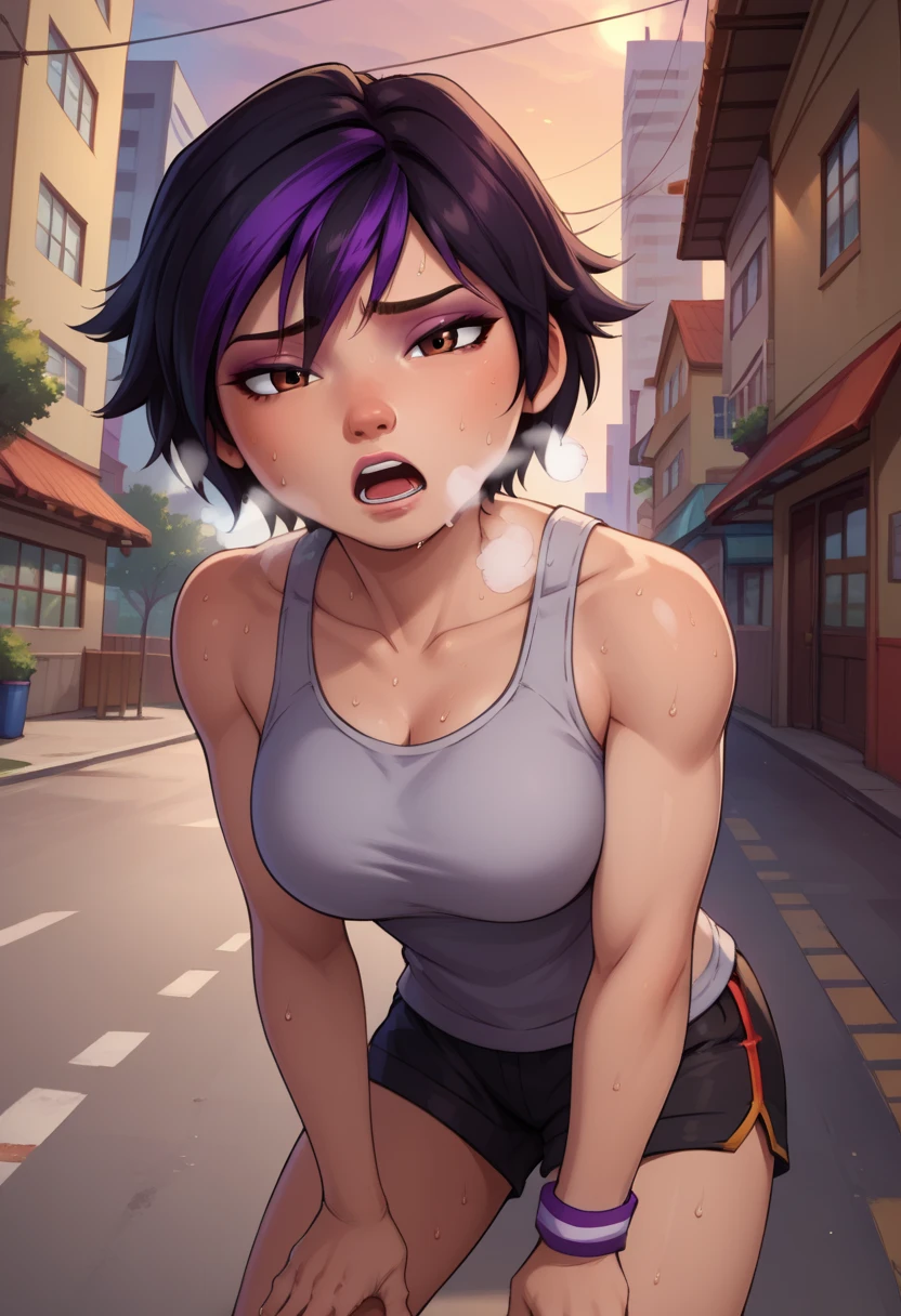 score_9, score_8_up, score_7_up, BREAK,gogotomago, 1girl, solo, short hair, black hair, jewelry, lo purple hair, bracelet, makeup, casual, cowboy shot, brown eyes, looking at the viewer, large breasts,outdoors,city, hands on knees, gray tanktop, sweaty, black shorts, sweating profusely, open mouth, exhausted, heavy breathing, out of breath, sexy