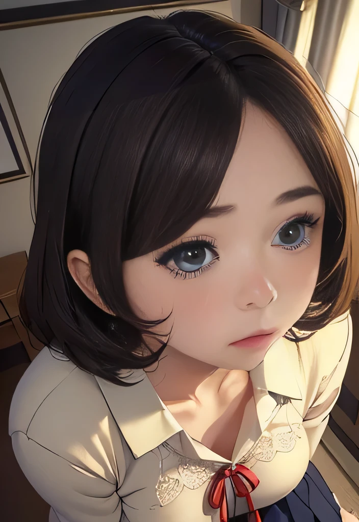20-year-old woman、(masterpiece:1.4)、(In 8K、 realistic 、 RAW photos 、top-quality:1.4)、( REAL FACE :1.4)、( lifelike skin:1.3)、 Ultra A High Resolution、 super realistic、Japanese girl, dark eyes、black hair short hair 、 embarrassing, has red cheeks, BEIGE SWEATER、ribbon、 dark blue pleated skirt 、((I can see :1.5))、 Bransing、 attractive face 、 bedroom, white panties with very amazing big breasts, lace panties(Above the knees)