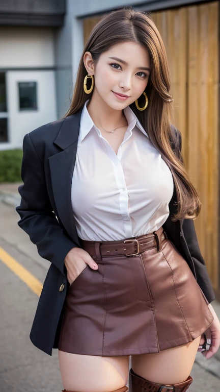 Product quality,1 girl,((Shooting from below:1.4)),((Thigh Emphasis:1.4)),Young and cute Japanese, 20-year-old,smile,fun,Harajuku,(Crowded street:1.3),((Fashionable blouse:1.3)),((Stylish blazer:1.3)),((Fashionable bags:1.3)),((Fashionable necklace 1.3)),((Stylish earrings:1.3)),((The black,Super short leather mini skirt:1.5)),((No pants,Experience the thrill:1.5)),Very cute face,Glossy Lips,Beautiful big eyes,Brown eyes,Double eyelids on both eyes,(Natural Makeup),shiny smooth light brown long hair,,,Asymmetrical bangs,Floating Hair NovaFrog Style,Center image,8k resolution,Attention to detail,Detailed hairstyle,Detailed face,Cinema Lighting,Octane Rendering,Ultra-realistic,Perfect limbs,Beautiful legs,Voluptuous thighs,Huge breasts,Perfect Anatomy,Spread your legs,((Provocative dynamic pose:1.5))