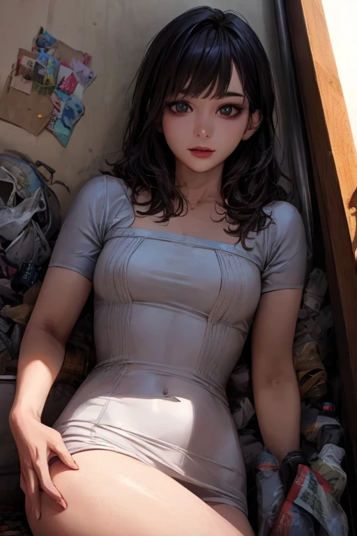   Masterpiece , 最 High Quality ,  super high resolution, ( realistic :1.4),  's beautiful face down to the smallest detail,  High Quality の衣類,  wonderful European woman lying directly on a floor full of industrial waste,  very cute , Portraiture, 肌が柔らかくて perfect face、 perfect face, Shoot your hair, 8k resolution,Super  realistic , very detailed, High Quality , A broad perspective,  perfect anatomy 