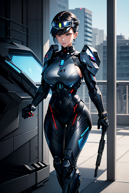 a beautiful woman wear syber suit black and gray details, chanel red haircut ,determined gaze and concentated,Clad in sleek tactical gear like a swimming suit tech clothes , she sports a form-fitting black and gray cyber bodysuit, adorned with utility belts and holsters