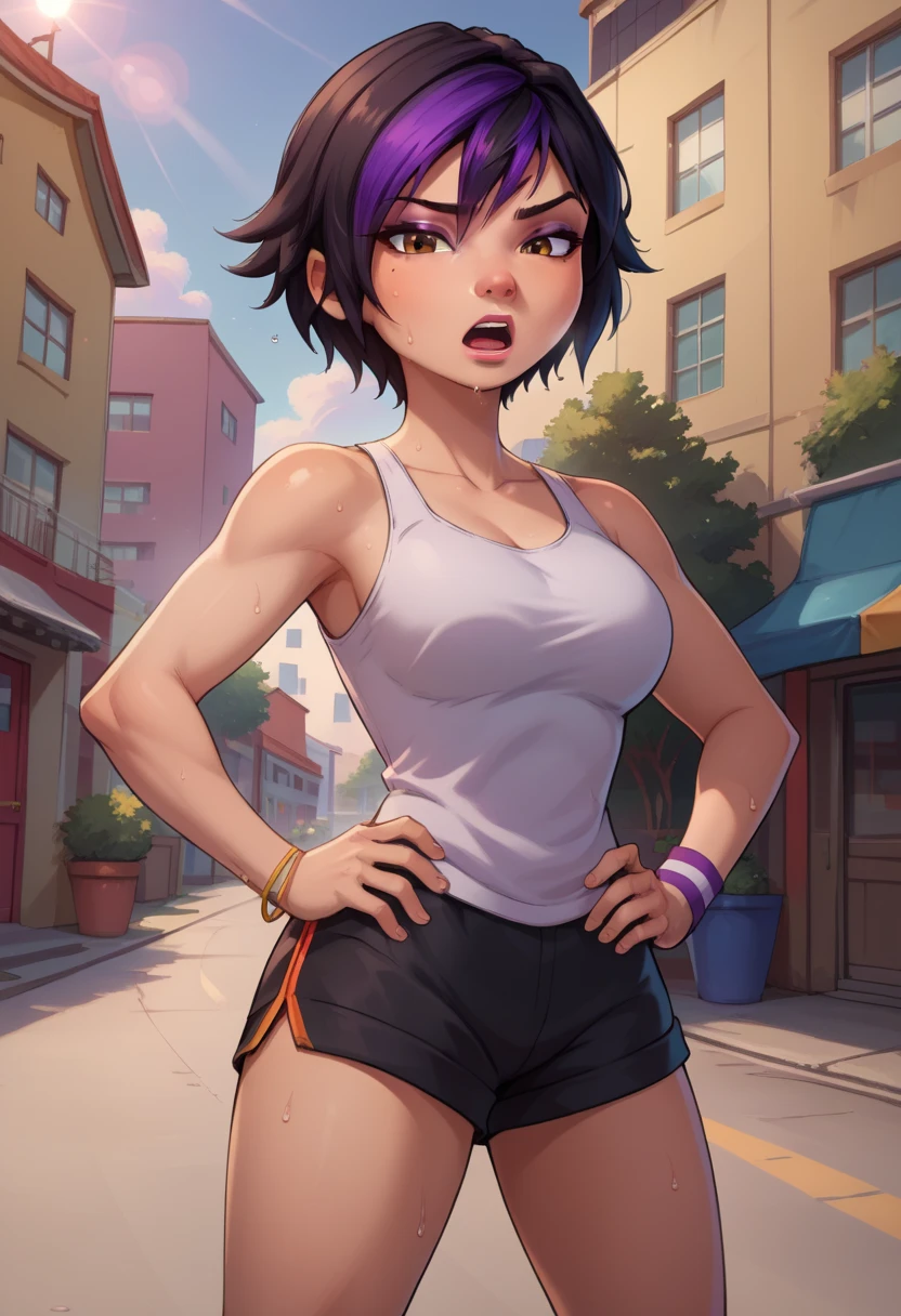 score_9, score_8_up, score_7_up, BREAK,gogotomago, 1girl, solo, short hair, black hair, jewelry, lo purple hair, bracelet, makeup, casual, cowboy shot, brown eyes, looking at the viewer, large breasts,outdoors,city, hands on hips, white tanktop, sweaty, black shorts, extausted, open mouth, sexy af, hot gogo, pretty, out of breath