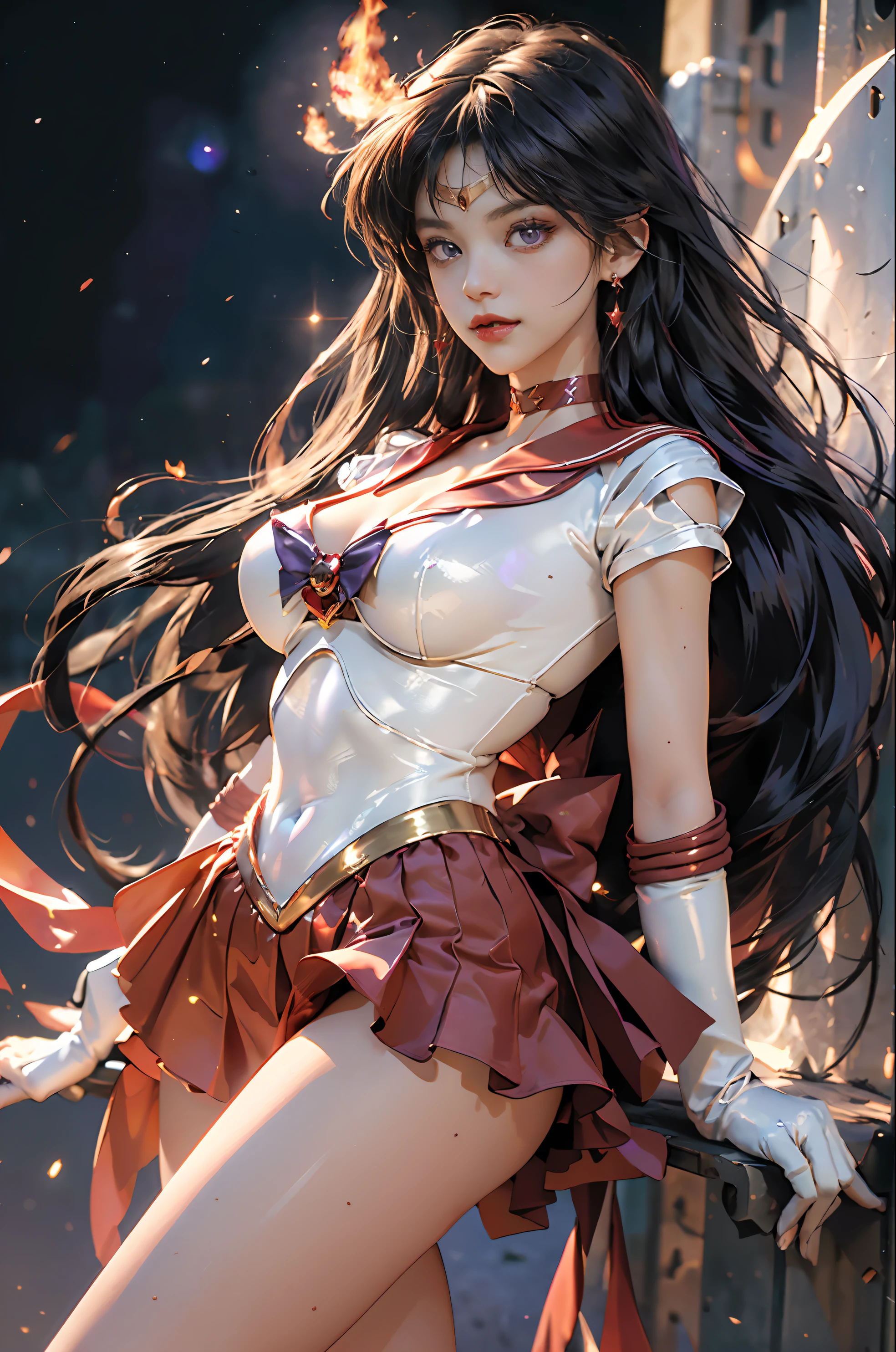 Full: 1.5, stand, masterpiece, 3D, realistic, ultra micro photo, top quality, ultra detailed CG Unity 8K wallpaper, from below, intricate details, (1 female), 18 years old, (sama1, tiara, sailor warrior uniform, white gloves, red sailor collar, red skirt, sailor warrior uniform: 1.2, sailor Mars: 1.2, meishaonv), Incredibly long straight purplish-black hair: 1.2, shiny beautiful straight long hair: 1.2, revealing sailor warrior uniform, shiny crimson red sexy pleated mini skirt: 1.3, (very large purple bow in the center of the chest: 1.4, golden tiara on the forehead: 1.5, red gloves on the elbows: 1.1, bare upper arms: 1.1, Long knee high boots in shiny red enamel with luxurious gold embellishment: 1.3, saturated wide crimson red collar, saturated crimson red sailor collar, Long white latex gloves with luxurious gold decoration: 1.3, very large red bow behind the waist: 1.1, red choker, cleavage looks sexily boldly large, red star-shaped earrings)), SMMars
very long hair, parted bangs, ((seductive smile, very pretty face, face details: 1.5, bright purple eyes, beautiful face, beautiful eyes, shiny eyes, thin lips: 1.3, thin and sharp pale eyebrows, long dark eyelashes, double eyelashes)), luxurious golden jewelry, (very thin and fitting high-gloss white holographic leather: 1.3), bold and sexy slender high-leg gravette swimsuit, (combat stance), huge white wings, thin and muscular muscles, muscular abs, small face, huge breasts, perfect proportions, thin waist, sexy model pose, visible pores, perfect hands: 1.5, octane rendering, very dramatic images, strong natural light, sunlight, exquisite lighting and shadows, dynamic angle, DSLRSharp, Focus: 1.0, Maximum Clarity and Sharpness, (Fire Divinity, Burning Space Background, Dynamic Flame Background, Human on Fire: 1.2, Fire, Fireball, Fire Parks, Dynamic Fire, Burning Hair, Dynamic Frame, Mars, Moonlight, Moon, Moon, Dynamic Background, Detail Background))