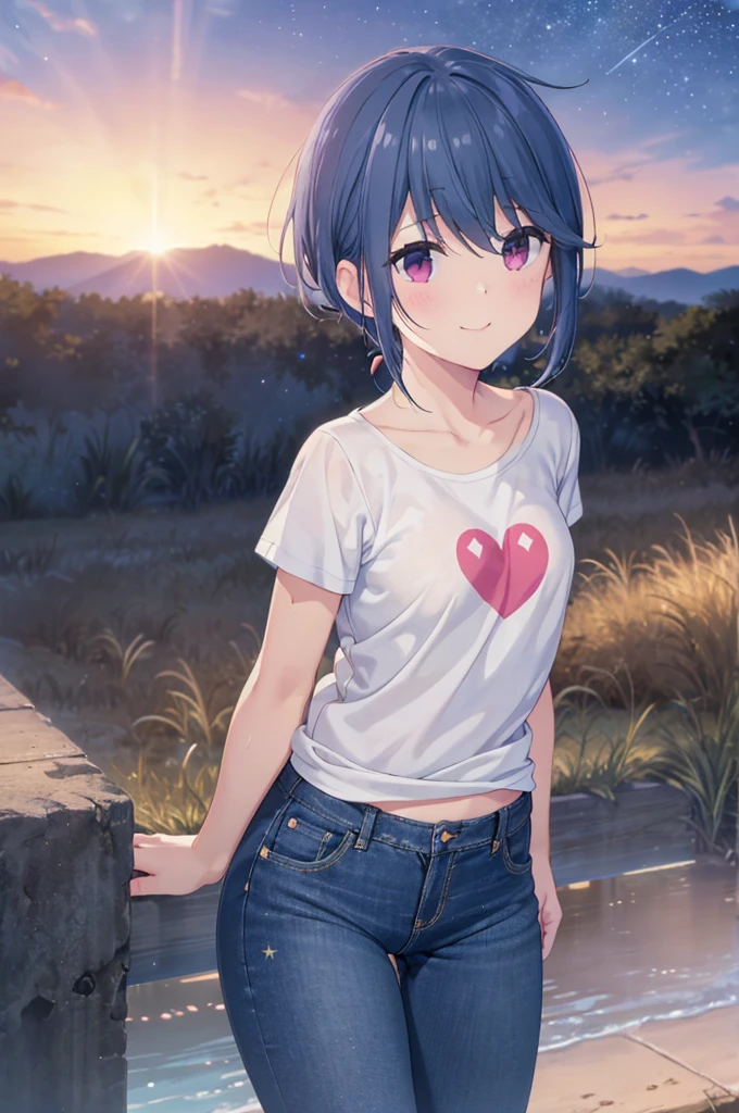  top quality,   Masterpiece ,  super high resolution, ( realistic : 1.4),Island Rin,  RAW photo,  1 girl, ,   knight ,,   starry sky , look at me, small breasts,,  Best Smile , Heart's Radiant Skin , Dramatic lighting,  nice,  (cutest smile),  deep neckline ,(T-Shirts、jeans))