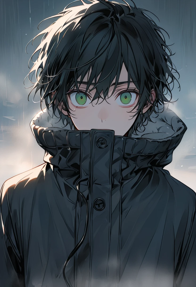 solo male, young, Green eyes, long black hair, confused, morning, very cute, wearing warm clothes, cold winter background