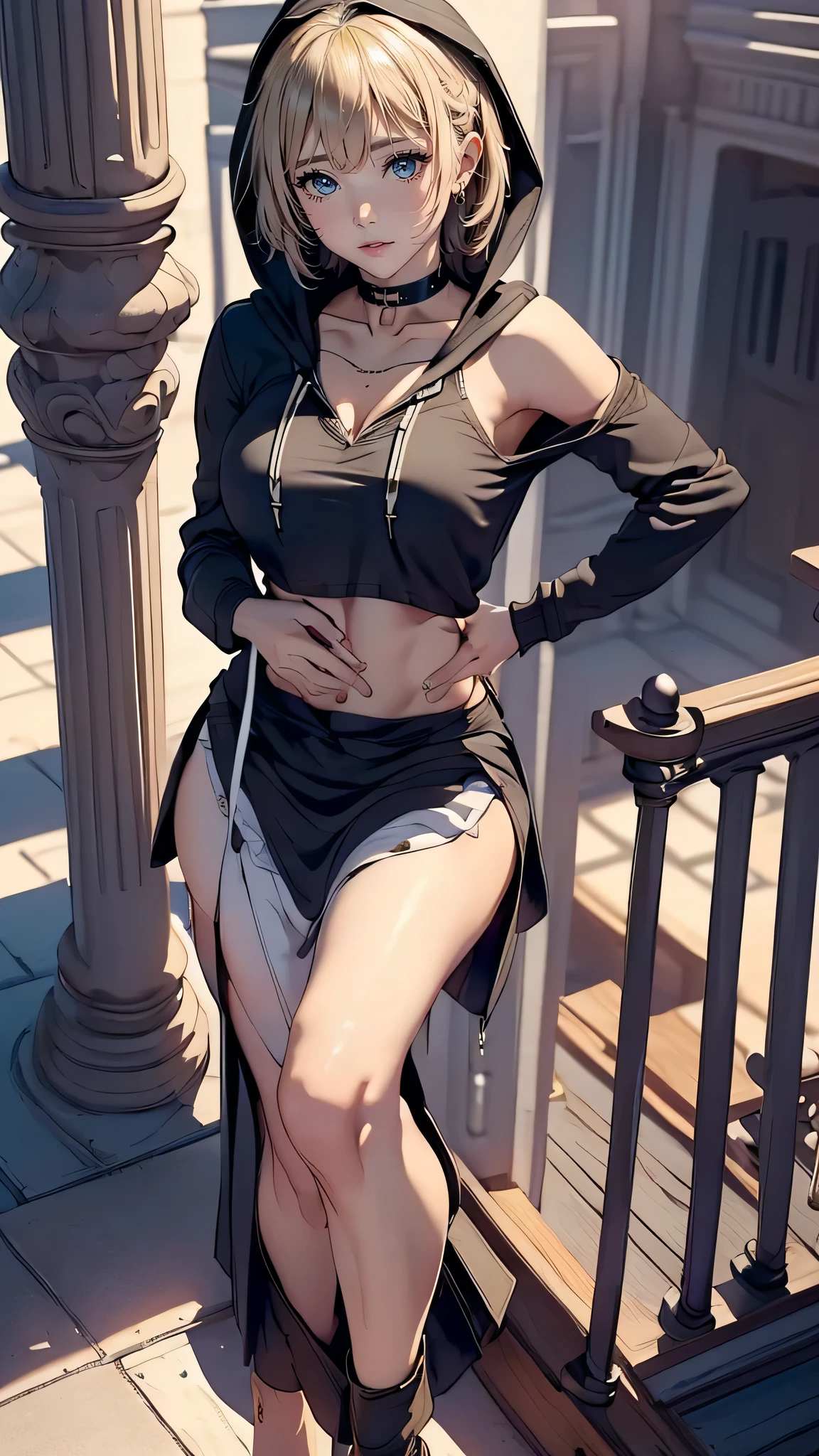(masterpiece:1.2, highest quality), (realistic, photorealistic:1.4), beautiful illustrations,
looking at the viewer, whole body, Front view:0.6,
1 female, 25 years old, Japanese, ((blonde:1.5, Handsome Shorthair:1.4)), No bangs, hair between eyes, ((height: 176 cm, big breasts:1.6, thin waist))
beautiful hair, beautiful face, beautiful and detailed eyes, (black eye:1.3), beautiful clavicle, beautiful body, beautiful breasts, beautiful thighs, beautiful feet, beautiful fingers, perfect anatomy:1.3, perfect anatomy, perfect anatomy
(outdoor), ((Put on the hood of the zip-up hoodie:1.8, skirt:1.4, choker:1.6)), black panties:1.6,
((右手でskirtの裾を掴む, Put your left hand on your chest, open your legs:1.3)),
(Look at the viewer while blushing:1.3), ((NFSW:1.4))