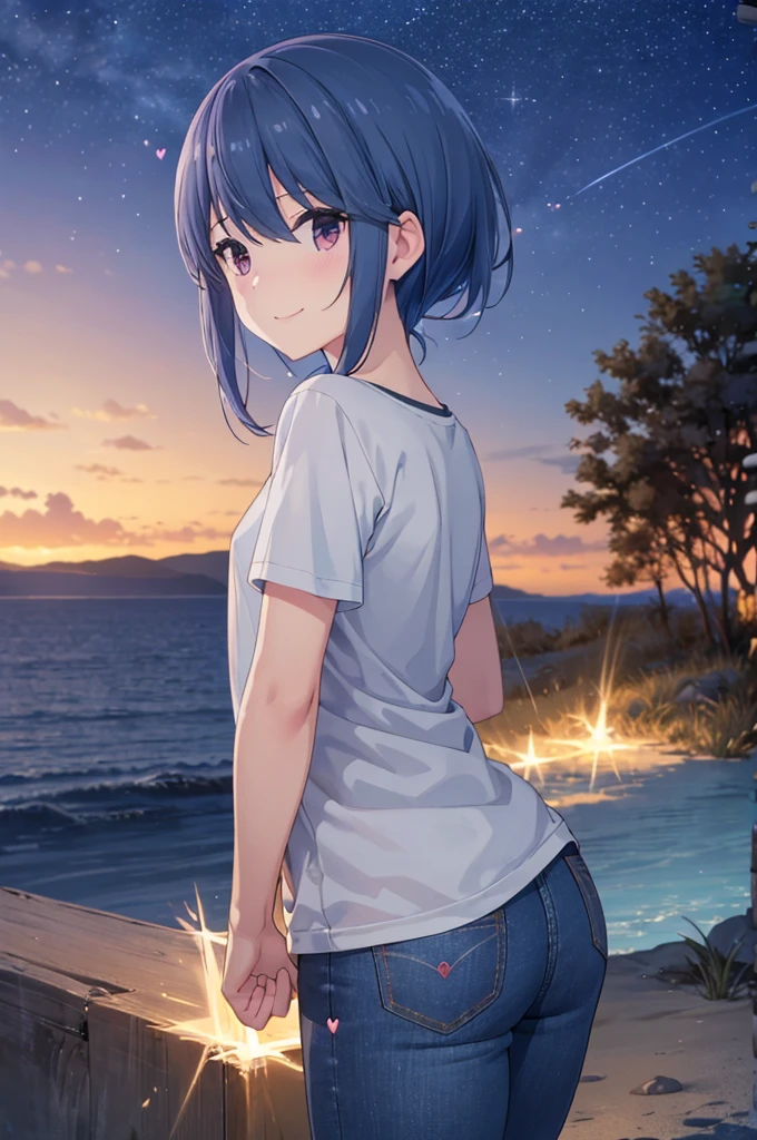  top quality,   Masterpiece ,  super high resolution, ( realistic : 1.4),Island Rin,  RAW photo,  1 girl, ,   knight ,,   starry sky , look at me, small breasts,,  Best Smile , Heart's Radiant Skin , Dramatic lighting,  nice,  (cutest smile),  deep neckline ,(T-Shirts、jeans))、Backwards、 Looking Back