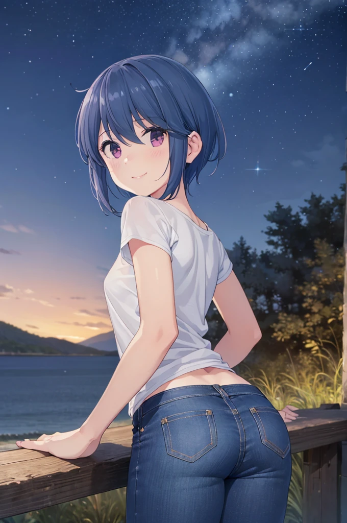  top quality,   Masterpiece ,  super high resolution, ( realistic : 1.4),Island Rin,  RAW photo,  1 girl, ,   knight , short haired 、   starry sky , look at me, small breasts,,  Best Smile , Heart's Radiant Skin , Dramatic lighting,  nice,  (cutest smile),  deep neckline ,(T-Shirts、jeans))、Backwards、 Looking Back