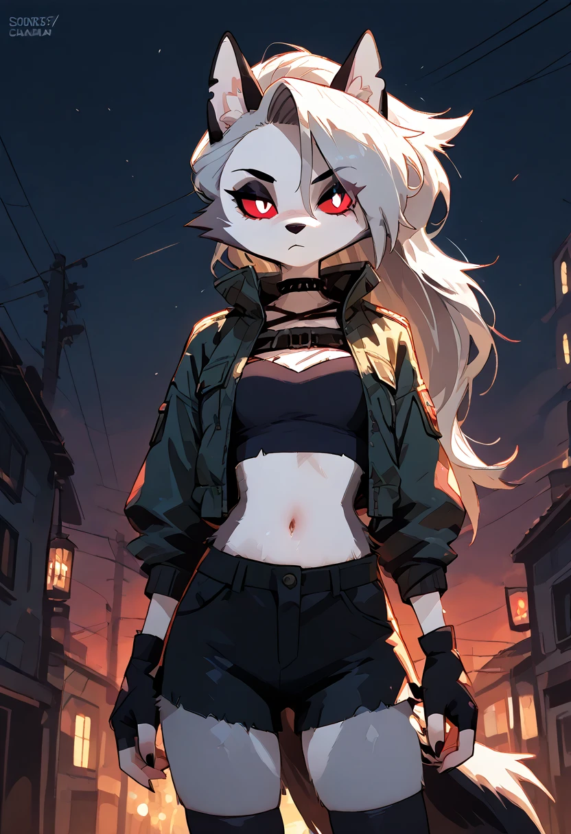 solo,1girl\(red eyes, Loona, Loona \(Helluva Boss\), Anthro, furry, thigh highs, fingerless gloves,Shorts, Crop top,\) . score_9, score_8_up, score_7_up, score_6_up, score_5_up, score_4_up, source_anime,source_furry,rating_safe,rating_questionable,masterpiece, best quality, perfect anatomy , very aesthetic , absurdres ,