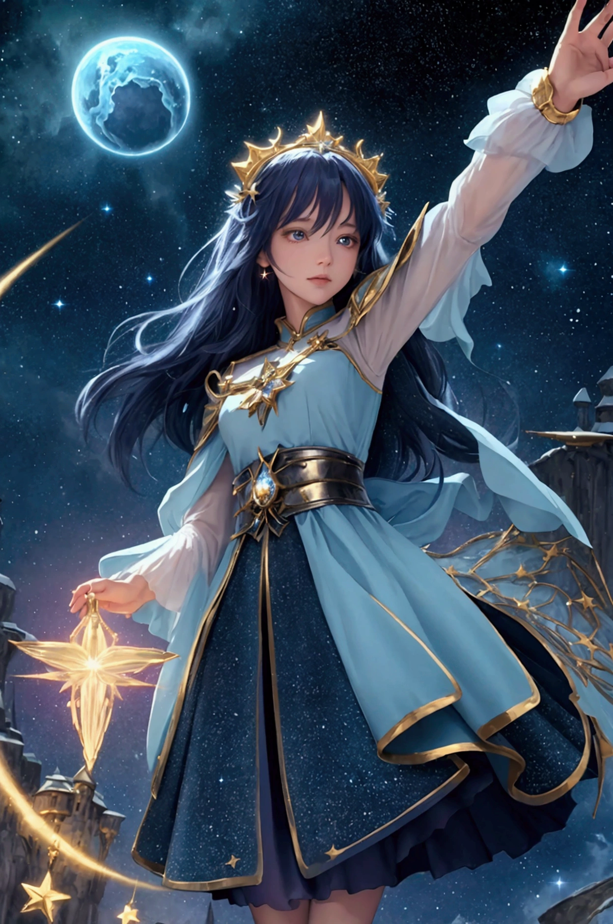  ( top quality, 8k,  high definition ,  high image quality,  Masterpiece), Fantastic starry sky,  Magical Girl waving a magic wand ,  the most beautiful anime girl, Starry Castle , Mystery,  fairy tale, Ultra Details, A magical night,  Dreamy Charm , Celestial Beauty ,  Wonder and Magic , Mysterious castle,  Fairy Tales in Reality ,  Radiant Elegance ,  Whimsical Charm ,  Magical Aura , Twinkling Stars, Guardian of the Light,  fantasy world, Night Wizard,  Fascinating Adventures ,  Legendary Tales ,  backgrounds, Detailed digital CG , 