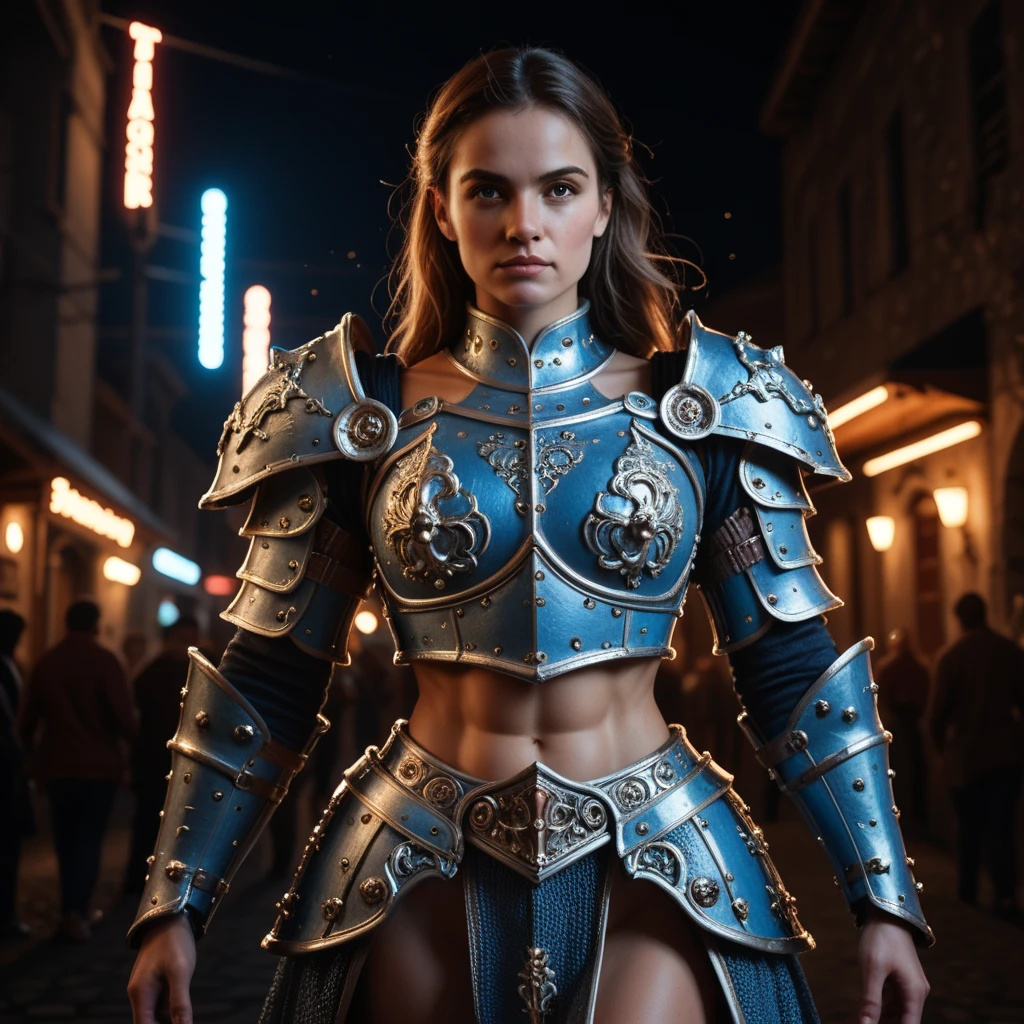 A beautiful muscular warrior woman in a medieval fantasy world, pink and blue armored lingerie, detailed face and body, intricate armor, dynamic pose, dramatic lighting, neon lights, cinematic compositing, hyper-realistic, 8k, Unreal Engine, award-winning digital art