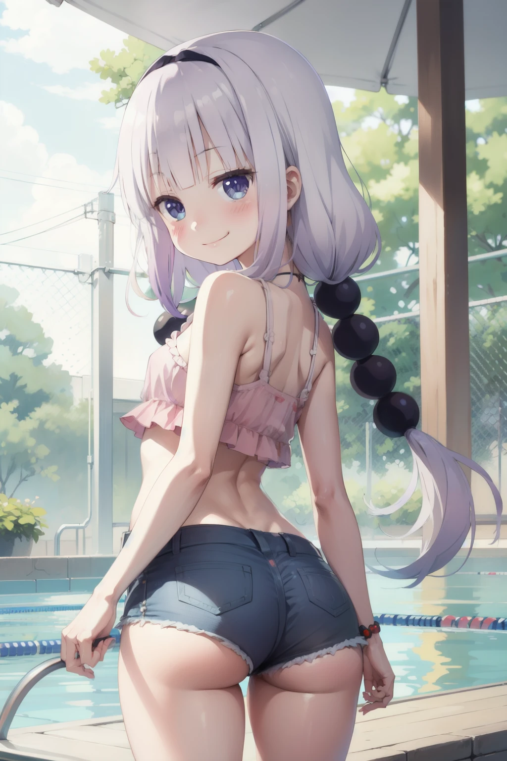 Anime style, 1 girl ,kanna , young girl , shi  body ,solo , white hair , flat chest ,  smug face smile , blush, sexy micro shorts jeans , nádegas . Back , ass  ,pool , shorts jeans 