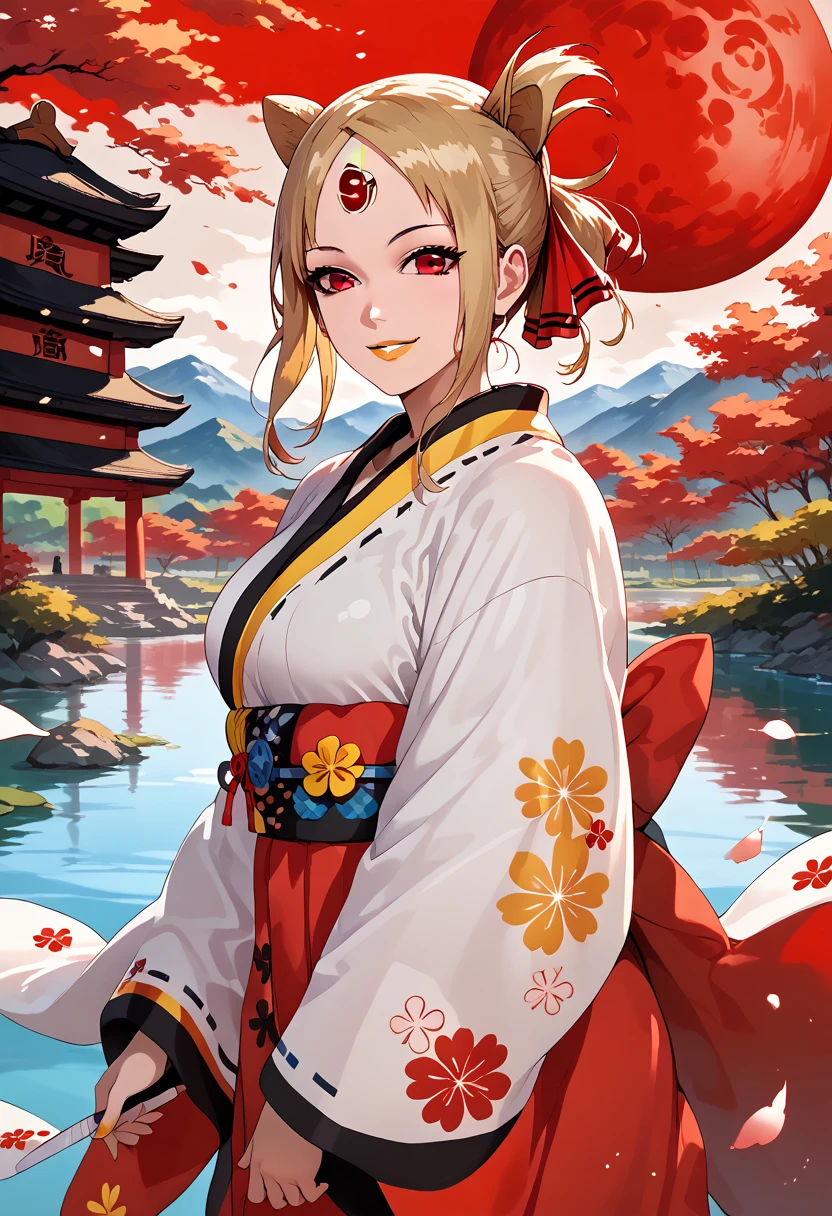 kaguya, girl, solo, kimono, red eyes, temple, red moon, big breasts, lake, beautiful, smile, anime style, looking at viewer, yellow lipstick