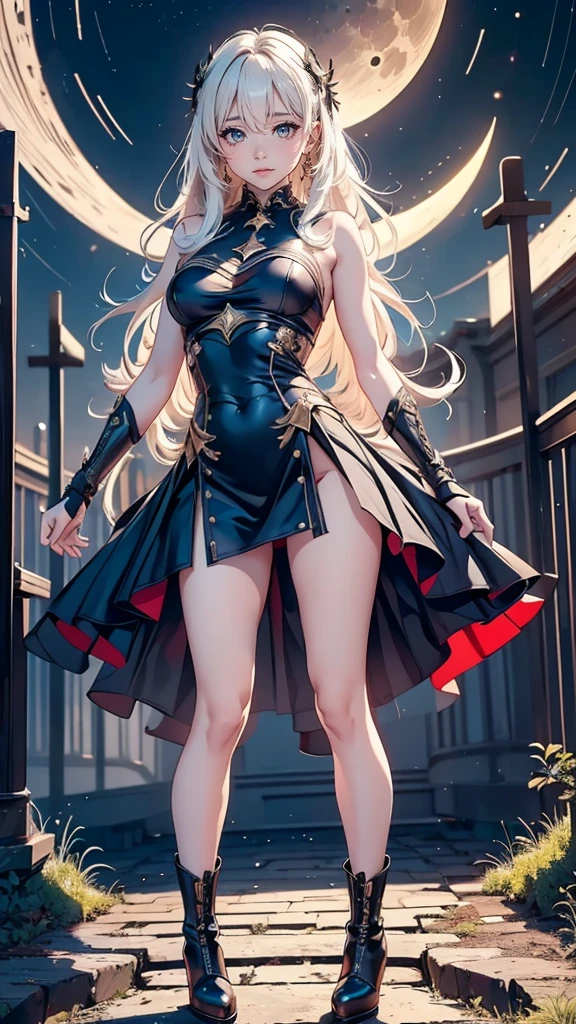 1girll, this \(Collapse: Star Trails\), masterpiece,top-quality,Best Quality, 8K, Masterpiece, Best quality, Ultra-detailed, stand proudly,Red eyes, bare legs, black boots, long white hair, Long legs, no weapons,Stand up, look at the world, be cool, The background is a crescent moon