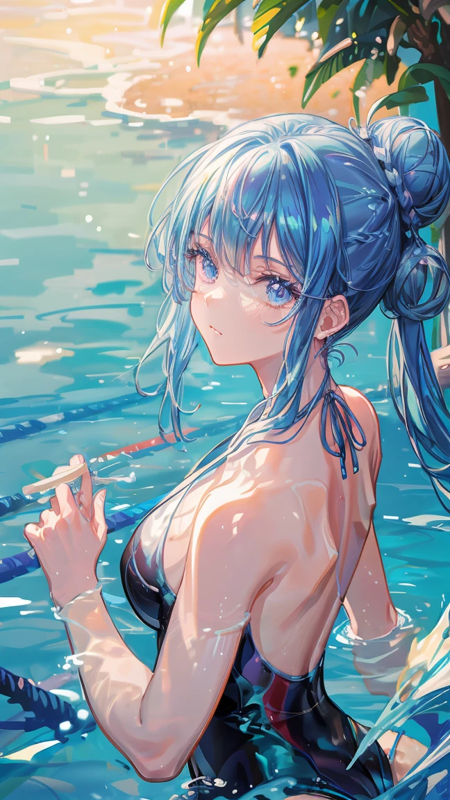  blue hair, Hair Bun, Impressionism ,  ray tracing,  backlight,   Masterpiece , Accurate, textured skin,   high detail ,  High Quality ,  high definition ,  super detailed, 1080P,  detailed face ,  detail eyes, Detailed five fingers, Woman swimming in the pool,  One Piece Swimsuit,  bathes in splashes,  outdoors, Sunny midsummer ,  Cowboy Shots