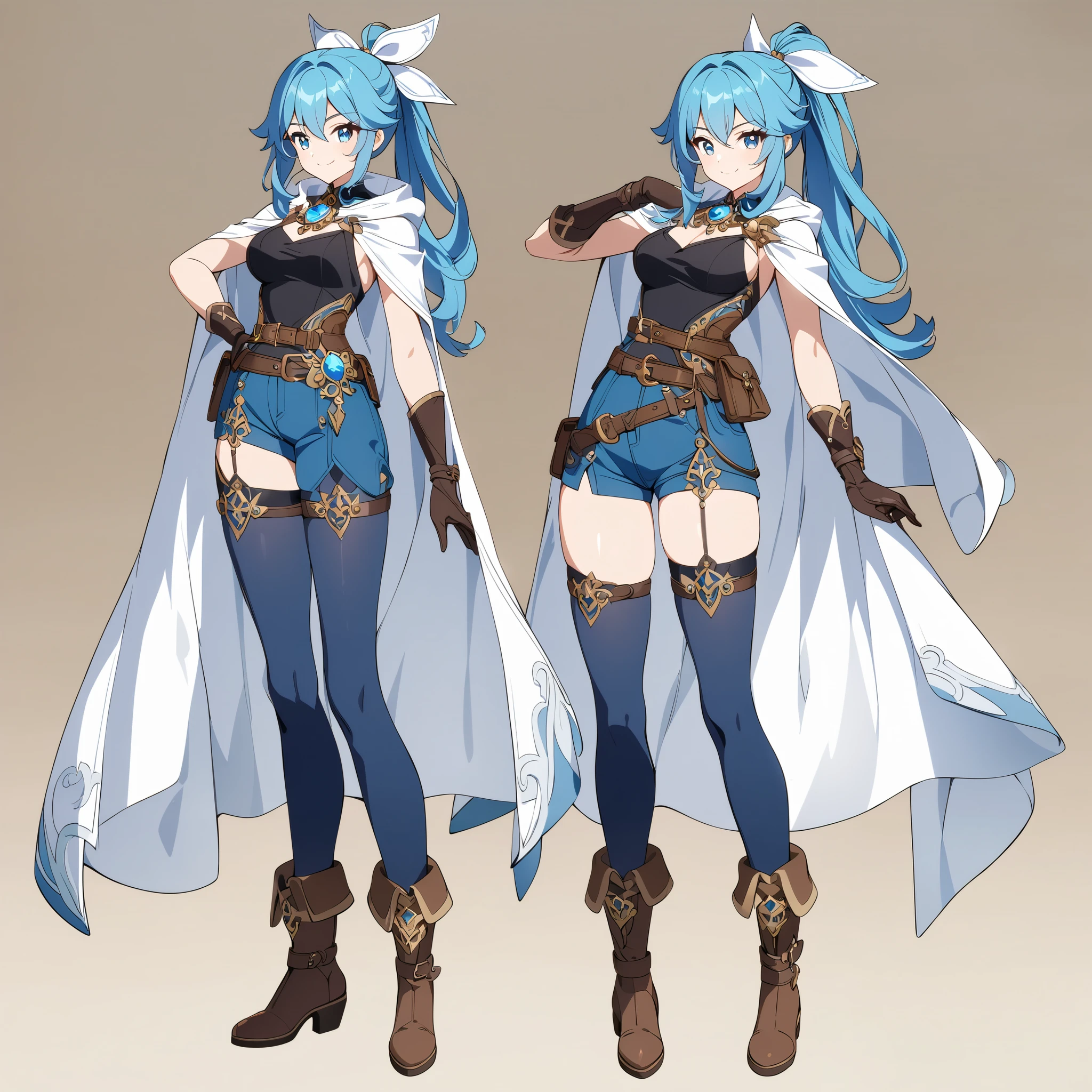 1girl, smile, white big ribbon, vivid blue hair, long blue ponytail, hair ribbon, white cape, black tank top, blue shorts, brown belt, brown boots, gloves, confident expression, standing pose, full body, anime art style, detailed design, highres, masterpiece, fantasy outfit, modern adventurer, ornate brooch, white and blue color palette, thigh-high socks, masterpiece, genshin art style, best quality, amazing quality, very aesthetic, highres, incredibly absurdres