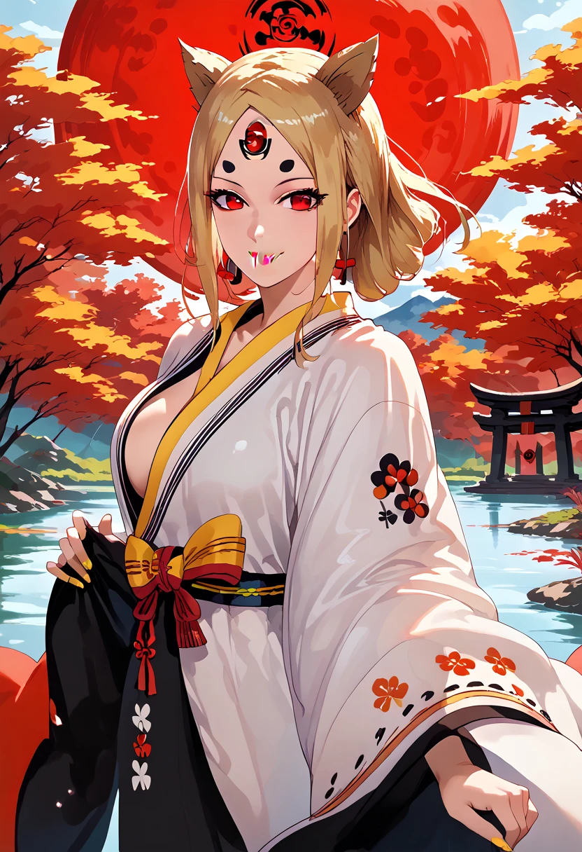 kaguya, girl, solo, kimono, red eyes, temple, red moon, big breasts, lake, beautiful, smile, anime style, looking at viewer, yellow lipstick