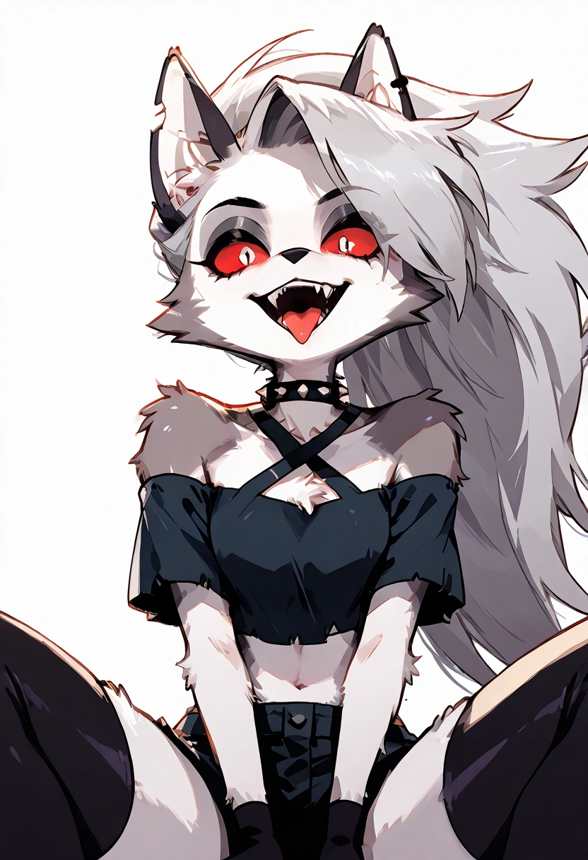 solo,1girl\(red eyes, Loona, Loona \(Helluva Boss\), Anthro, furry, thigh highs, fingerless gloves,Shorts, Crop top,evil smile, open mouth,tongue,close-up of face,(abs:0.5),detailed face,detailed fur\).dynamic angle. score_9, score_8_up, score_7_up, score_6_up, score_5_up, score_4_up, source_anime,source_furry,rating_safe,rating_questionable,masterpiece, best quality, perfect anatomy , very aesthetic , absurdres ,