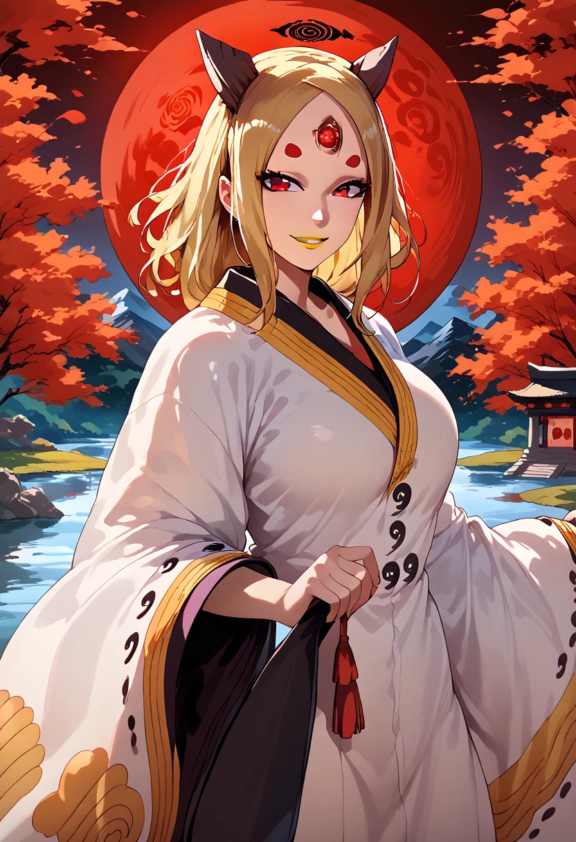 kaguya, girl, solo, kimono, red eyes, temple, red moon, big breasts, lake, beautiful, smile, anime style, looking at viewer, yellow lipstick