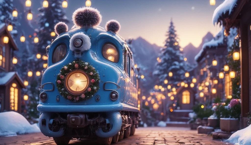 A wide aerial Pixar-style Disney studio cartoon shot of a whimsical blue locomotive with several festive train cars winding through a serene Winter Wonderland landscape. The train is viewed from high above, cutting through the snowy terrain, leaving faint tracks behind it. The locomotive is decorated with garlands, ornaments, and a large wreath on the front grill, with puffs of white steam rising from its chimney and blending into the frosty air. Snow-covered pine trees with glistening branches surround the train, forming a dense forest. In the distance, snow-capped mountains tower majestically under a pale blue sky, while golden sunlight bathes the scene. The glittering blanket of snow reflects the light, creating a magical holiday atmosphere. If visible, the train roof shows tiny, indistinct figures seated atop, no facial details present. Include Disney studio, cartoon, and Winter Wonderland.  