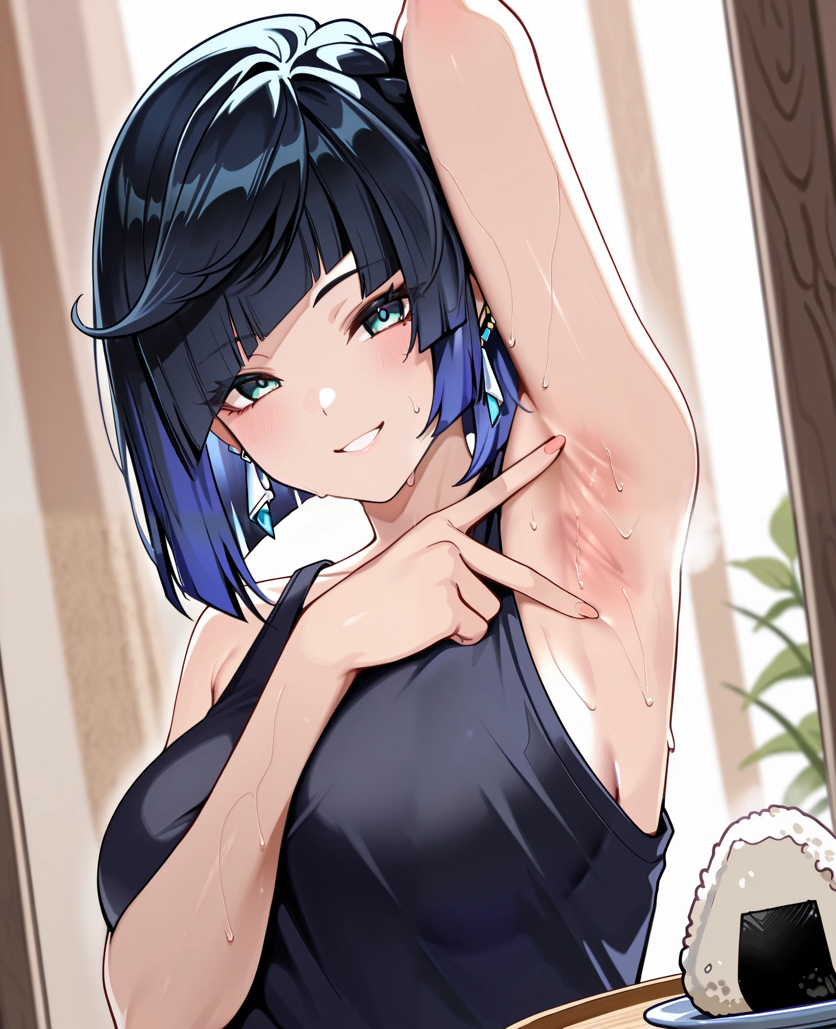 ((masterpiece,best quality)),high resolution, ultra detailed,8k,16k,detailed background, perfect lighting,detailed beautiful eyes,1girl,nsfw,upward glance,embarrassed,blush,look at viewer,show off nipple,steam,sweat,long nipple,tear,watery eye,(cum on armpits:1.1),(show off armpits,upper body:1.2),(happy smile:1.2),open mouth,shima_rin,red eye,black hair,long hair,fair skin,(flat_chest),in tent,eye hilight,camisole