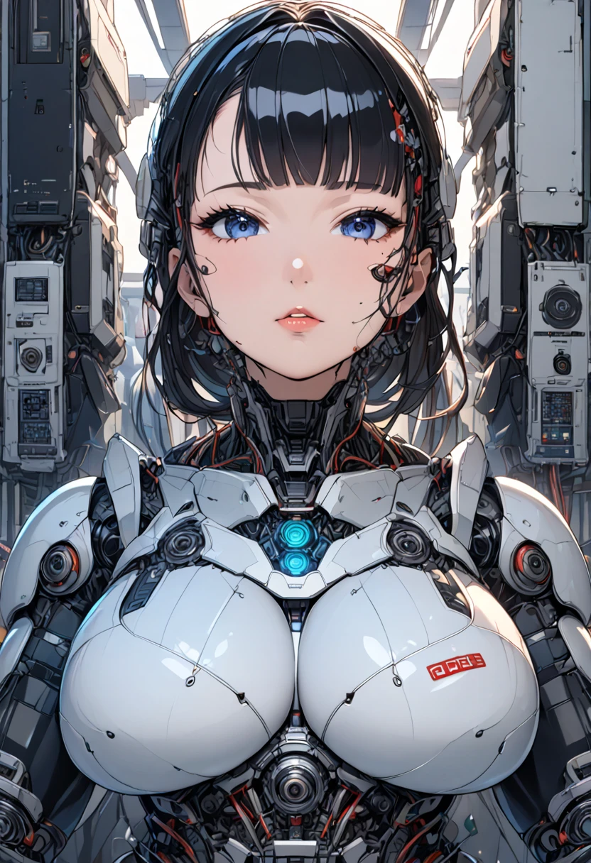 masterpiece, best quality, extremely detailed,portrait,upper body,front view,Japaese android girl,Plump, control panels,android,Droid,Mechanical Hand, Robot arms and legs,Blunt bangs,long tube,thick cable connected her neck,broken breast,broken head