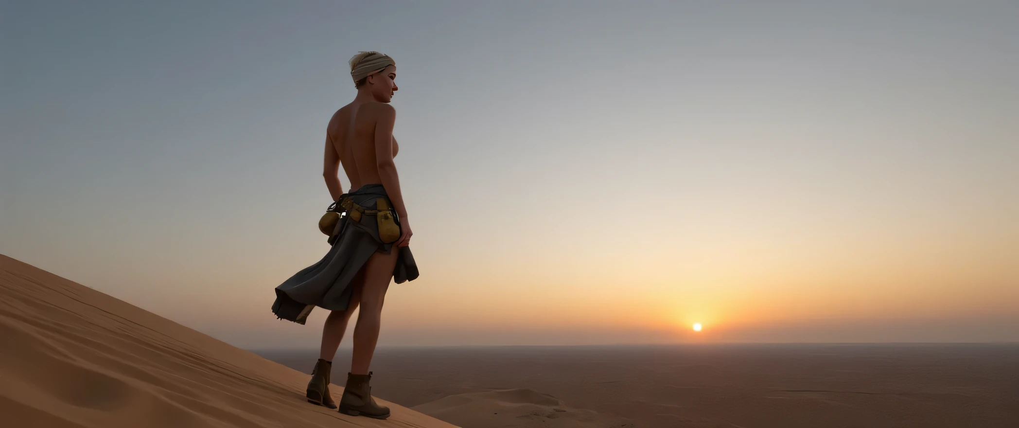 A very thin female Norwegian nomadic woman wearing a scarf wrapped around her head of blonde pixie-cut hair and Forney Brazing Goggles on the top of her head. Her utility belt holds water canisters, tools, and a glowing compass overtop of a billowing skirt. Her boots are covered in sand, she is standing atop a towering dune, gazing over a sprawling desert just after sunset. Camera angle: Low-angle shot from behind, emphasizing her silhouette against the twilight sky. Composition: Rule of thirds with her figure offset to the left, with the horizon line low in the frame to showcase the expansive sky.