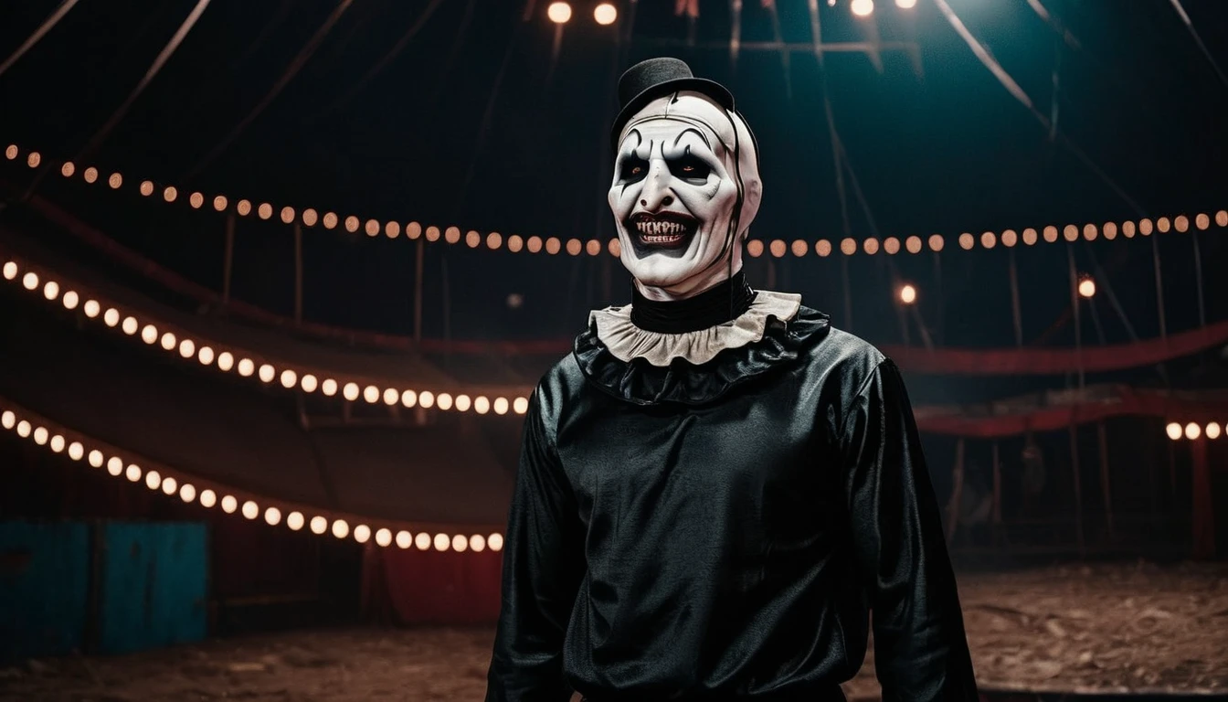 cinematic photo a scary man  in an abandoned scary circus . 35mm photograph, film, bokeh, professional, 4k, highly detailed