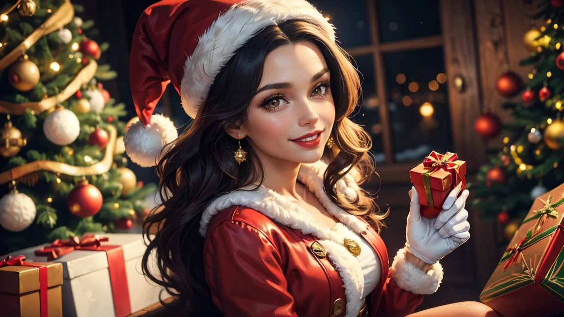 Best quality, VINTAGE GOUACHE illustration in high definition, brazilian woman in vintage dressed style, long hair, beautiful face, red lips, looking to observer, wearing red and white santa claus jacket, sparkling fitted DRESS, santa´s hat, HAPPY expression, smiling, red gloves, HOLDING A GIFT BOX, SITTING ON A HIGH WOODEN BENCH NEXT TO A LIGHTED CHRISTMAS TREE SURROUNDED BY GIFTS