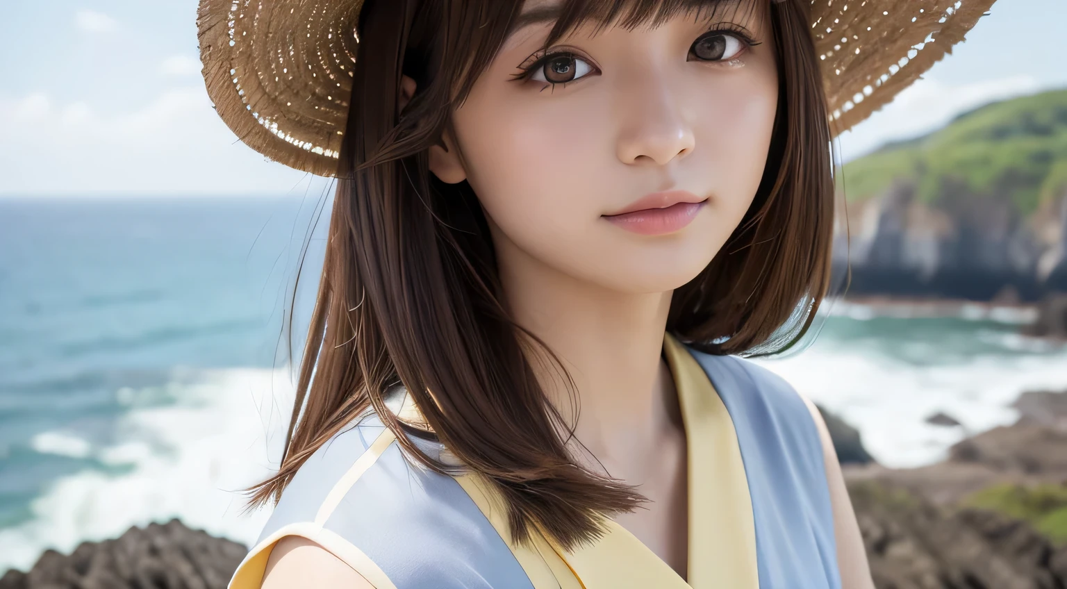 closeup shot , Best picture quality (8K, high resolution, Masterpiece: 1.2), super detailed, 215 Short Hair, 16-year-old woman,
situation:Relaxing on the lawns and gardens of Shinjuku Gyoen National Garden in Tokyo。
clothing: Casual dress、Sandals for your feet。Wearing a straw hat、Hair down naturally。
angle: Against the green background of the garden、Photograph the whole body from a little distance。Sitting on the grass enjoying a picnic、Close-up of a hand gazing at flowers in a flowerbed。The shot of him lying down and relaxing is also good.。
Close-up of face
, random cute pose ,big eyes ,Puffy eyes , Heart Pupil, blush , huge shy smile , salute