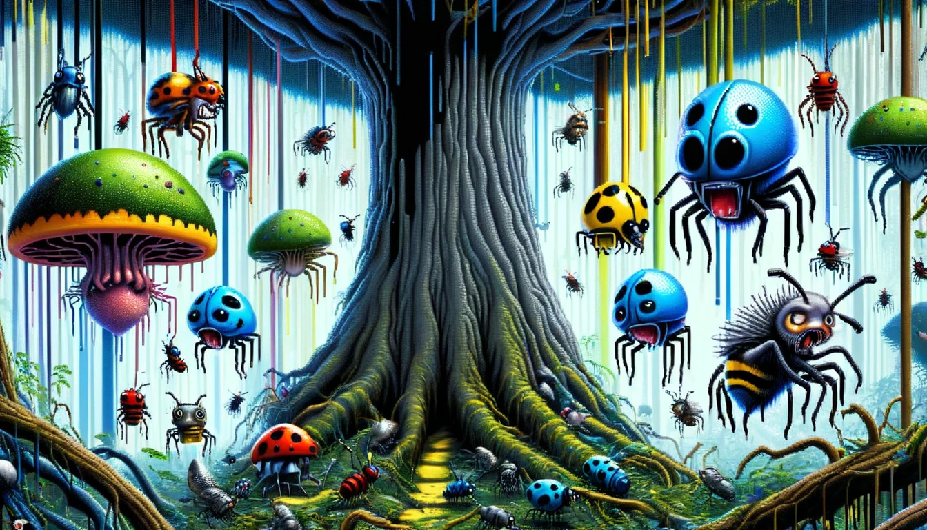 DonM8u663dXL, text "BUGGED!", hyper detailed masterpiece, dynamic realistic digital art, awesome quality,rehabilitation treetop canopy of growth,advanced hideaway,aqueous tweedledee and tweedledum aberration,aetheric distortion, extraterrestrial,nimbused,mottled,inclusive,dripping,dreary  