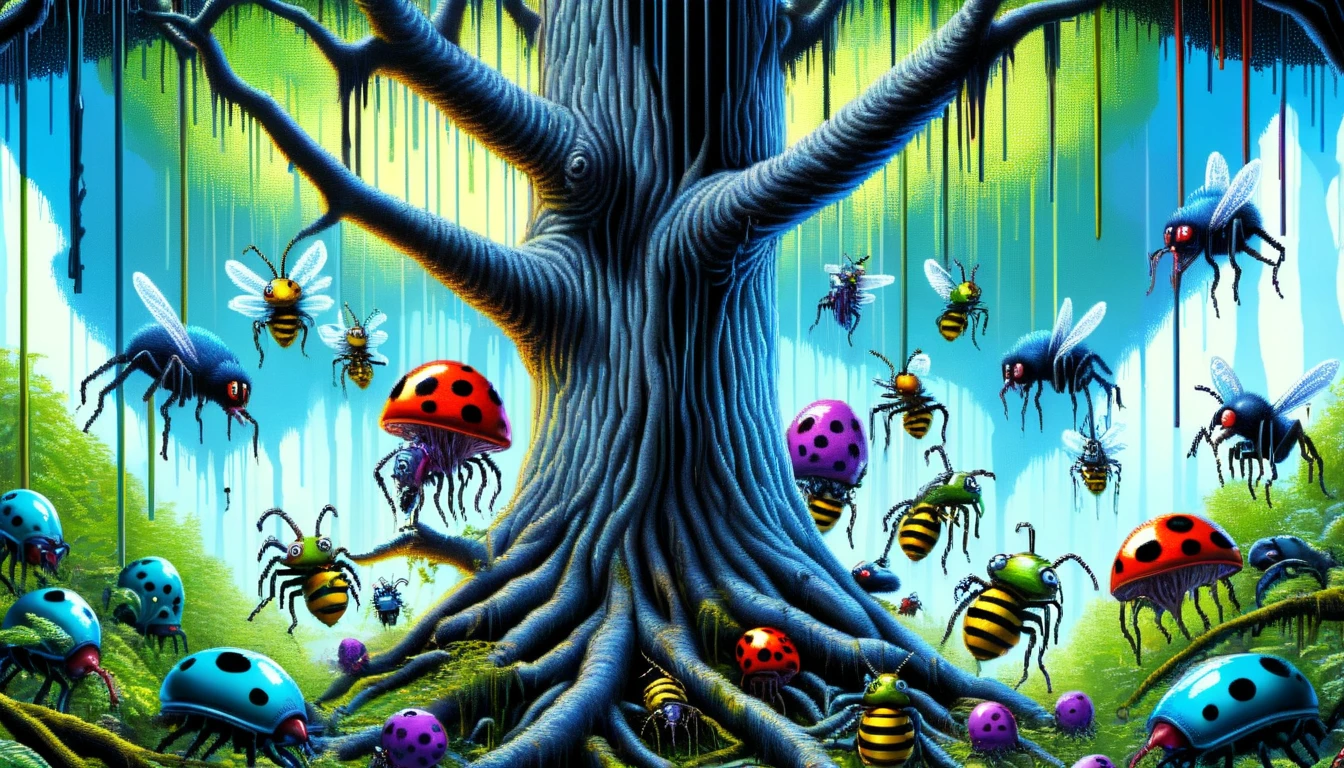 DonM8u663dXL, text "BUGGED!", hyper detailed masterpiece, dynamic realistic digital art, awesome quality,rehabilitation treetop canopy of growth,advanced hideaway,aqueous tweedledee and tweedledum aberration,aetheric distortion, extraterrestrial,nimbused,mottled,inclusive,dripping,dreary  