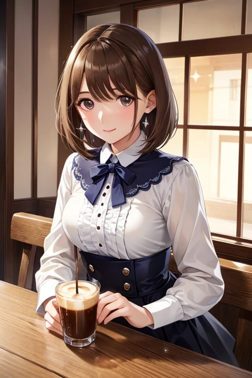 My Grandmother、  Shiny Chestnut Hair   ,   short haired , ( Clean brown eyes 、   Sparkling Eyes  , fine grain)、smile、 Very fine eyes 、  very detailed face  ,   very detailed eyes ,  Cowboy Shots、   1 girl,  Alone, 


 ( top quality:1.2),   1 girl, Cafe、  DRINK COFFEE 