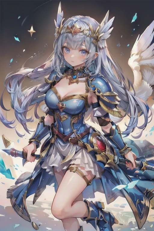 Heaven哨兵,Elegant and charming,charm,in love,(女武神armor),black gloves,silver hair,Smile,blue eyes,Complex design,super ultra detail,top quality,armor,Crushed rough stone,magic effects,Exotic decoration,Exquisite hair accessories,Transparent lace,Sky blue pattern,light stripes,dress nicely,Heaven,holy light,Carved suspender boots,Super super details,holy mist,light particles,Exquisite and beautiful eyes and face,Dynamic angle