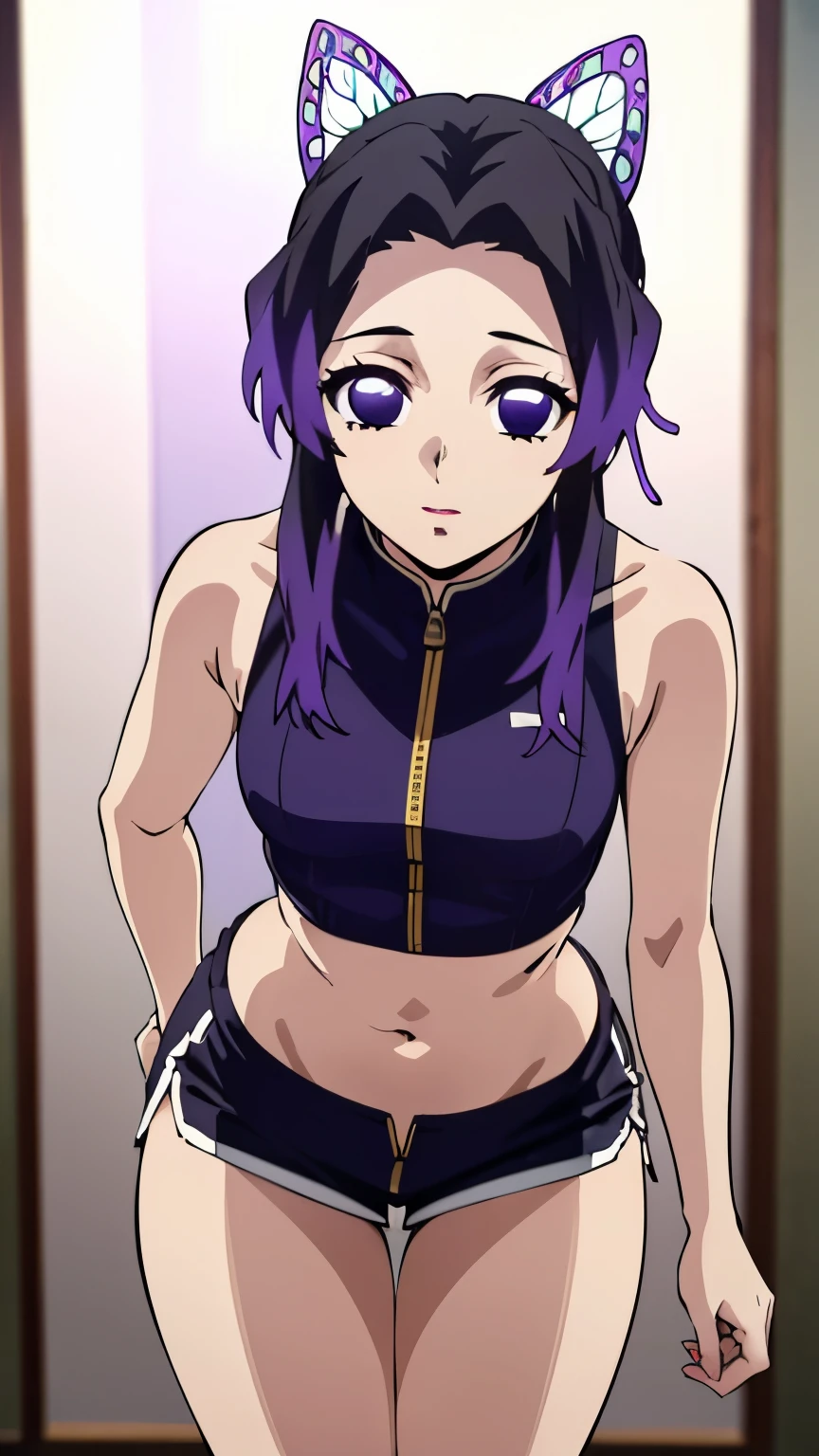 (masterpiece, best quality, high resolution, 8k:1.2), (anime coloring:1.2), 1girl, high resolution, unity 8k wallpaper, (beautiful detailed eyes:1.2), extremely detailed face, perfect lighting, extremely detailed CG, beautiful eyes, perfect eyes, detailed eyes, distinctive big highlights, symmetrical eyes, Purple Hair, Short Hair, (large butterfly hair clip), Pretty Parted bangs, purple eyes, narrow eyes, (slim:1.3), (small medium breasts:1.2),
(cowboy shot:1.2), (sexy pose:1.2), (perfect hands, perfect anatomy), solo, dutch angle, looking at viewer, nffsw, ((see thru crop top, sleeveless, zipper, midriff, see thru shorts, toned body, sneakers)),