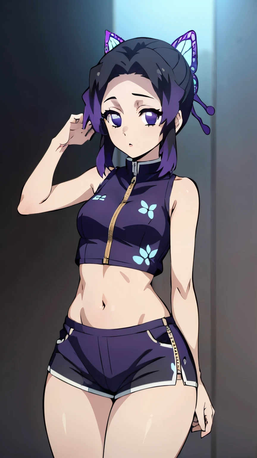 (masterpiece, best quality, high resolution, 8k:1.2), (anime coloring:1.2), 1girl, high resolution, unity 8k wallpaper, (beautiful detailed eyes:1.2), extremely detailed face, perfect lighting, extremely detailed CG, beautiful eyes, perfect eyes, detailed eyes, distinctive big highlights, symmetrical eyes, Purple Hair, Short Hair, (large butterfly hair clip), Pretty Parted bangs, purple eyes, narrow eyes, (slim:1.3), (small medium breasts:1.2),
(cowboy shot:1.2), (sexy pose:1.2), (perfect hands, perfect anatomy), solo, dutch angle, looking at viewer, nffsw, ((see thru crop top, sleeveless, zipper, midriff, see thru shorts, toned body, sneakers)),