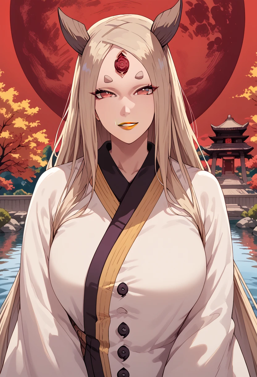 kaguya, girl, solo, kimono, red eyes, temple, red moon, big breasts, lake, beautiful, smile, anime style, looking at viewer, yellow lipstick