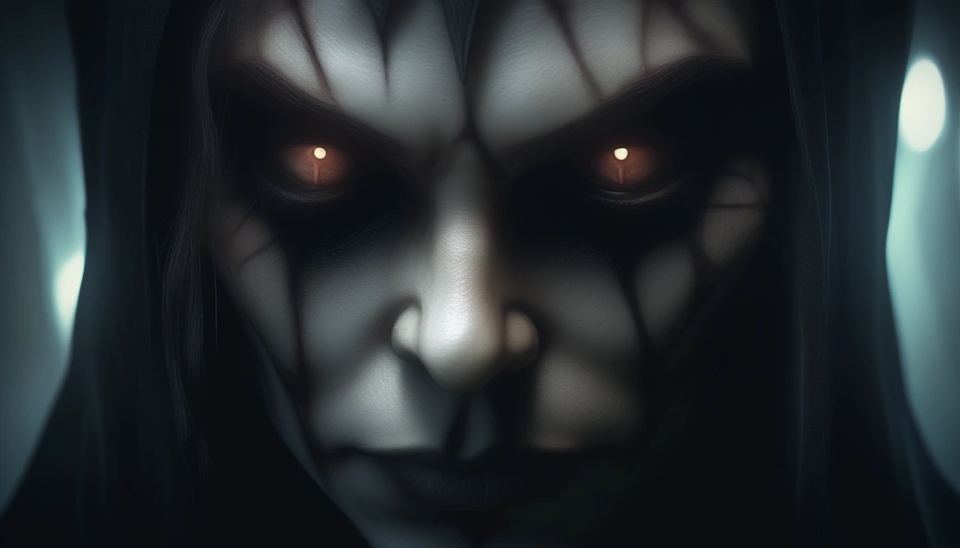 a cursed dark fantasy portrait, detailed facial features, grotesque expression, dark shadows, sinister lighting, ominous atmosphere, twisted demonic features, unsettling gaze, haunting eyes, malevolent energy, gothic horror, muted color palette, dramatic chiaroscuro lighting, highly detailed, masterpiece, photorealistic, 8k, hyper realistic