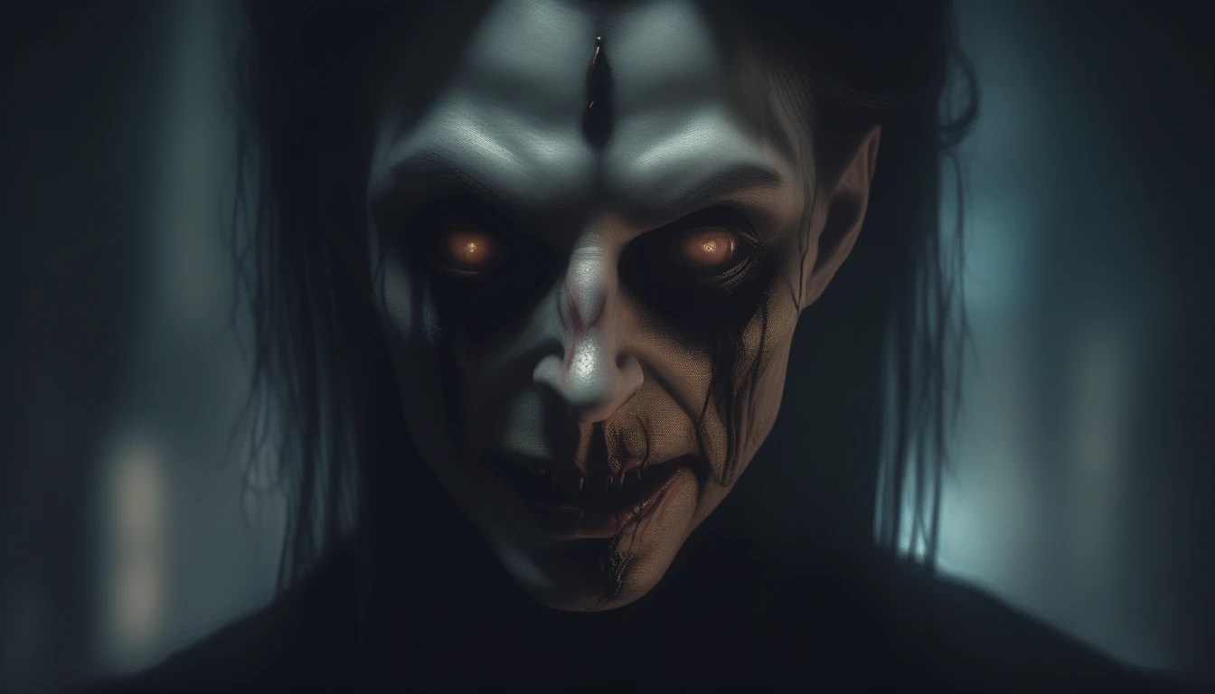 a cursed dark fantasy portrait, detailed facial features, grotesque expression, dark shadows, sinister lighting, ominous atmosphere, twisted demonic features, unsettling gaze, haunting eyes, malevolent energy, gothic horror, muted color palette, dramatic chiaroscuro lighting, highly detailed, masterpiece, photorealistic, 8k, hyper realistic