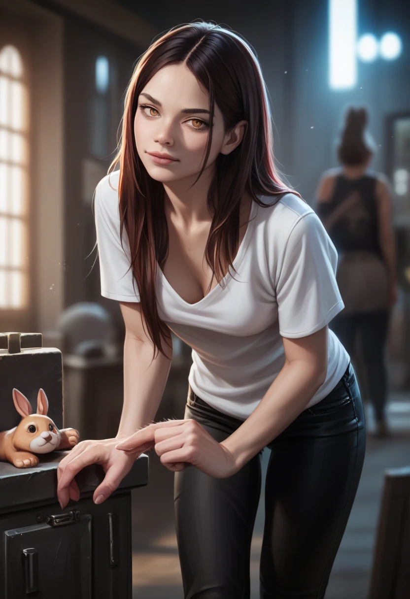 a girl in a black pants, leaning forward, petting a puppy, chainsaw hands, 1 girl, high quality, 8k, hyper detailed, photorealistic, vibrant colors, realistic lighting, dramatic composition, cinematic, ethereal, fantasy, digital art