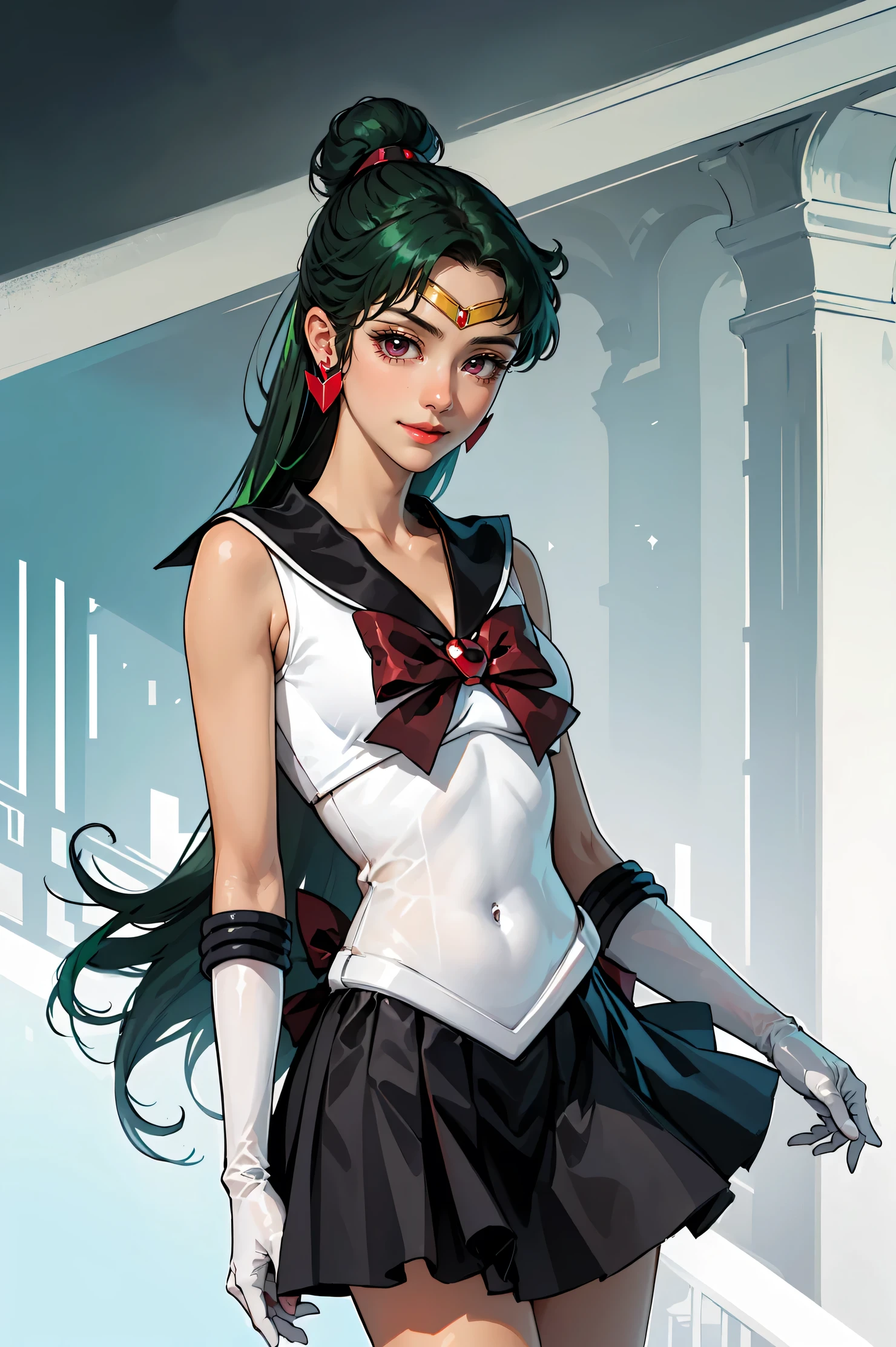 Masterpiece, Best Quality, High Resolution, 1girl, Solo, Ponytail, Green Hair, (Elbow Gloves), Headdress, dark red Bow, Tight Top, (Black Sailor Collar), White Gloves, Earrings, Smile, Black Skirt, (Sailor Pluto Uniform), (Sailor Pluto Uniform), standing, looking at the camera, dynamic poses. Leng Jun, White Top, Elbow Gloves