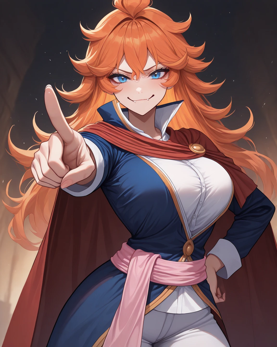 (masterpiece, anime, best quality) solo, 1girl, mereoleonavermillion, fang, smile, orange hair, blue eyes, red cape, blue coat, popped collar, white shirt, pink sash, white pants, large breasts, looking at viewer, pointing at viewer, hand on own hip