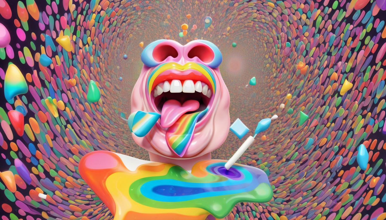 The man's (tongue:1.25) becomes a living rainbow as he balances a (sugar cube:1.2) on it. With each movement, he creates LSD-inspired worlds where (aliens:0.75) and (frogs:0.75) revel in a riot of colors and shapes.,in style of(bangerooo:1.15), ,