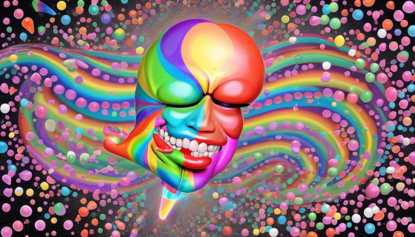 The man's (tongue:1.25) becomes a living rainbow as he balances a (sugar cube:1.2) on it. With each movement, he creates LSD-inspired worlds where (aliens:0.75) and (frogs:0.75) revel in a riot of colors and shapes.,in style of(bangerooo:1.15), ,